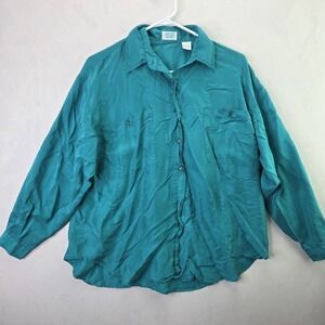 Anchor Blue 100% Silk Button Down Shirt Teal Womens Small